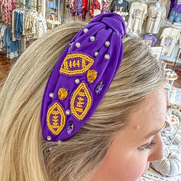LSU College Football Crystal Seed Beaded Fabric Headband - Picture 2 of 5
